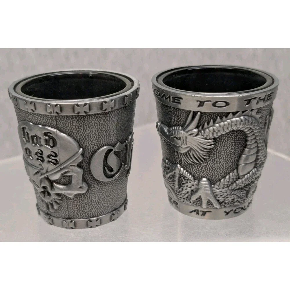 2 Metal Shot Glass Dragon SKULL REAPER Mythical